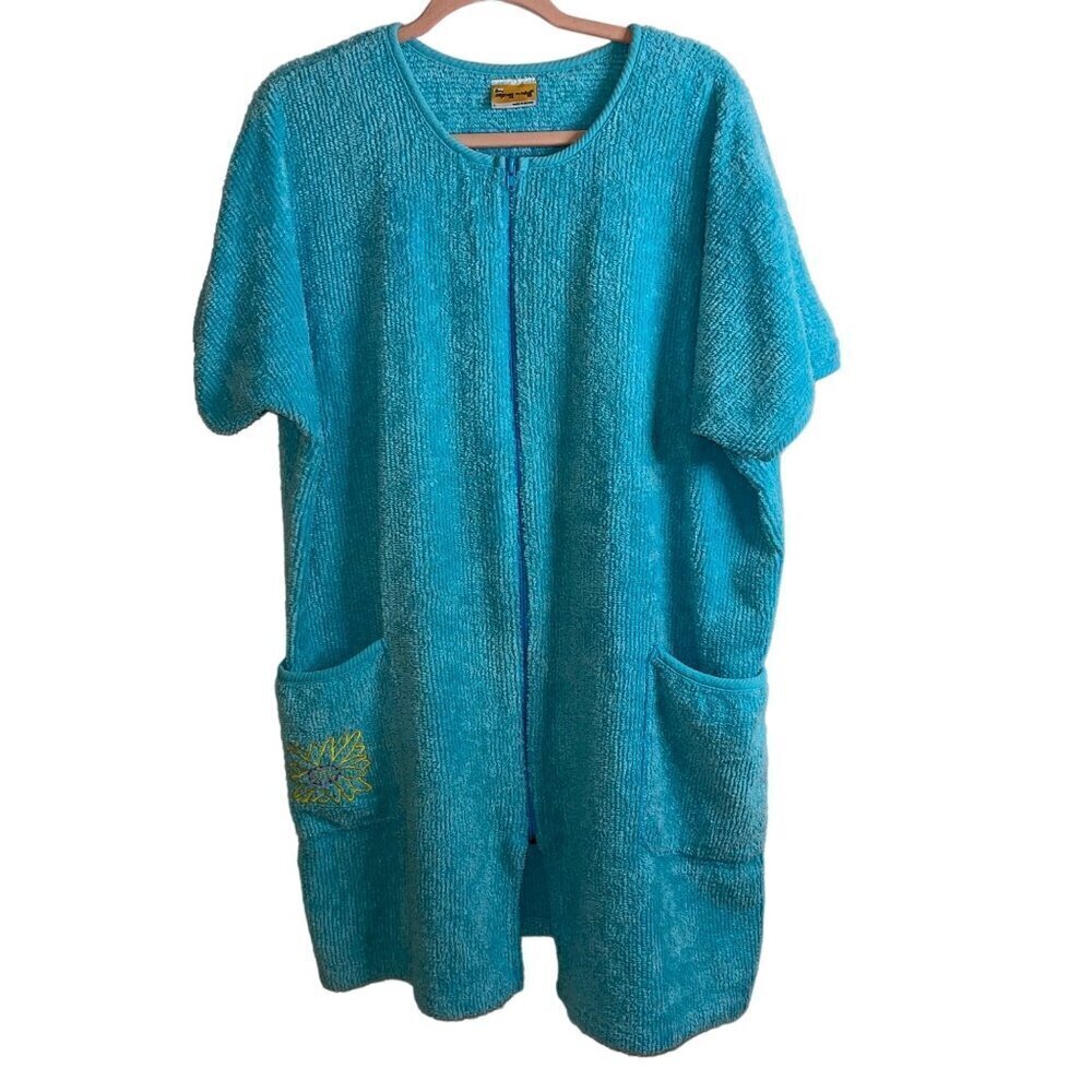 Down Under Vintage Womens Robe Size Large Blue Chenille Short Sleeve Pure Cotton